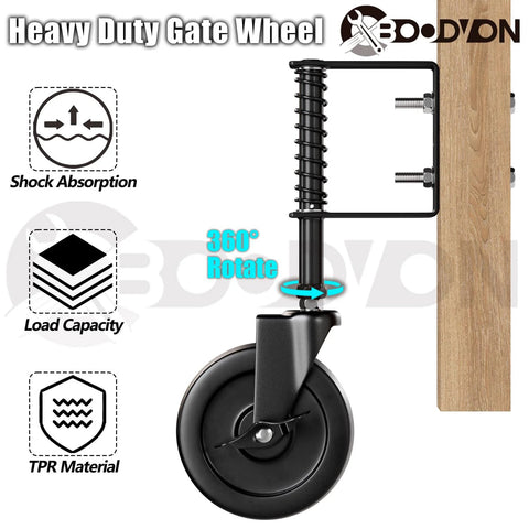 5 Inch Heavy Duty Gate Caster With Side Brake And Spring Loaded Shock Absorption 360 Degree Rotating Wheel mounted on wood