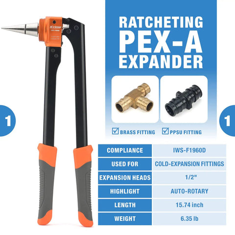 PEX Expansion Tool Kit With Auto Rotate Expander For One Half Inch Tubing Fits Uponor Wirsbo ProPEX Sleeves And Fittings Includes Cutter And Grease