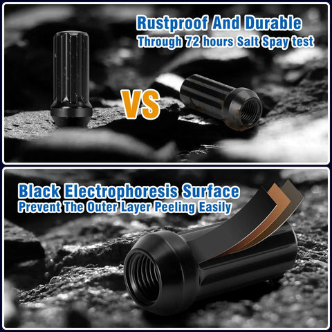 Comparison of rustproof and durable black lug nut with electrophoresis surface, featuring threaded design for strong grip.