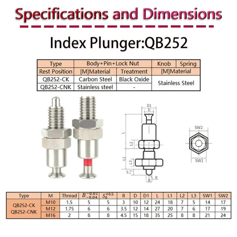 Workhorse Indexing Plunger With Hand Retractable Spring Pin Locking Screw Precision Threaded Bolt specifications and dimensions