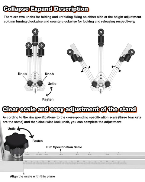 Diagrams showing the adjustment and scale features of the 360 Degree Rotating Wheel Truing Stand For Bike Repair, Rim Safe Contact, Foldable For Easy Storage, Fast Wheel Building, Pro And Home Mechanic Friendly.