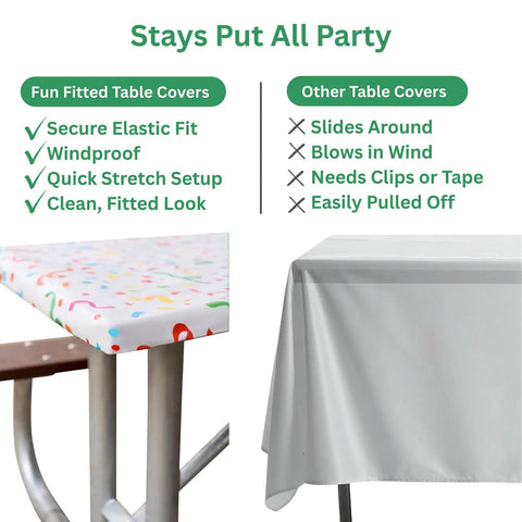 Comparison of Two Pack Fitted Plastic Tablecloth With Elastic Edge No Slip Windproof Table Cover and regular table cover.