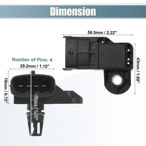 Dimension details of Badass Map Air Flow Sensor Replacement Fits Polaris Sportsman Ace Ranger with 4 pins and measurements.