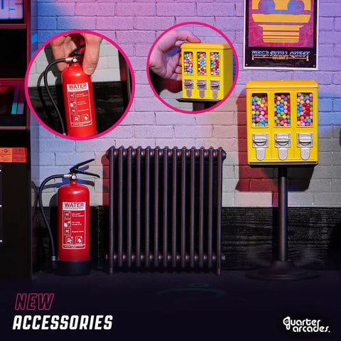 Rad Miniature Resin Fire Extinguisher 1/4 Scale Replica beside vibrant gumball machines in arcade-themed decor.