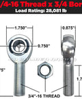 3/4 Inch Chromoly Heim Joint Kit 8 Piece Heavy Duty Suspension Assembly For UTV Rock Crawlers and Sand Rails with dimensions and load rating