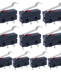 Ten Pack Tiny Micro Limit Switches With SPDT Action 5A 125V 250V AC, 1NO 1NC, 19Mm Lever Arm, Semi Circular Arc, Snap Action Button