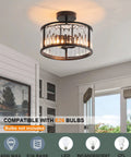 Black Flush Mount Ceiling Light Two Light Crystal Chandelier With Caged Drum Design in elegant room setting