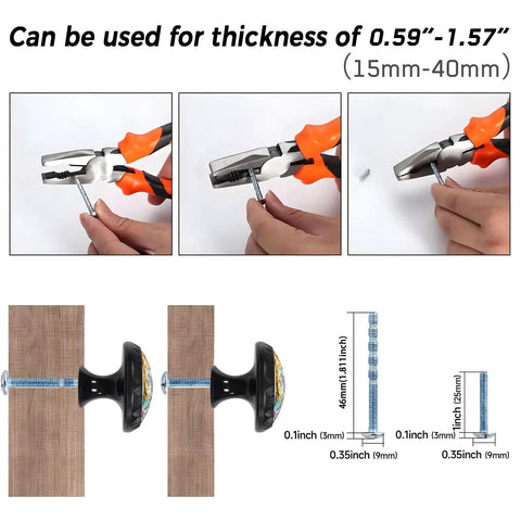 Instructions for installing Rainbow Stained Glass Spiral Cabinet Knobs Set Of 4 for thickness of 0.59”-1.57”