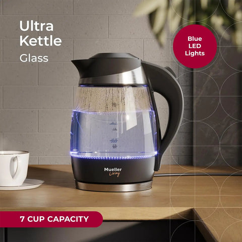 Fast Boil Electric Kettle Cordless With 1500W SpeedBoil No Fuss Quick Heat Borosilicate Glass Water Heater with LED indicator on countertop