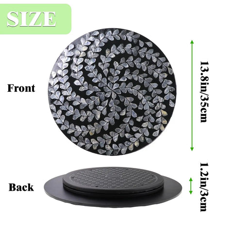 Hecka Smooth 13.4 Inch Round Lazy Susan Countertop Turnable Tray Featuring Mother Of Pearl Center And Black Wicker Boho Pattern shown from front and back.