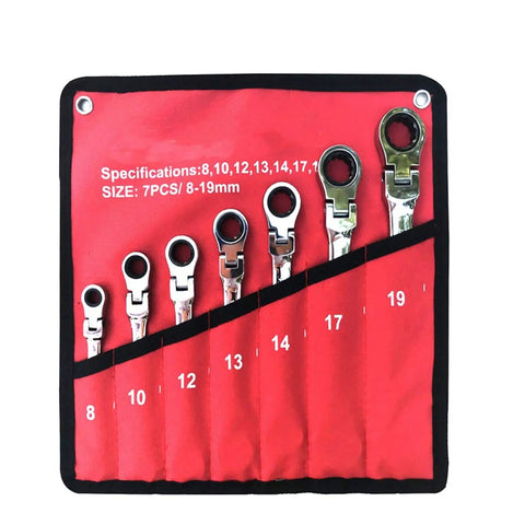 Front view of a Pro Grade Beefy Ratchet Spanner Set With Universal Socket Wrenches, 12 Piece Car Repair Hand Tool Kit, arranged in a red holder