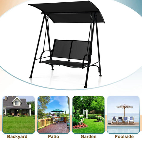 Two Person Porch Swing With Adjustable Canopy, Comfortable Fabric Seat And Heavy Duty Steel Frame, Outdoor Patio Swing