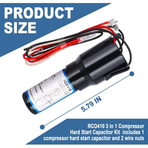 Dead Simple 3 In 1 Hard Start Kit For Refrigerators And Freezers With Heavy Duty Relay Overload Protector and Capacitor, showing 5.79-inch capacitor kit.