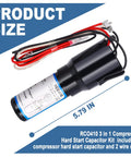 RCO410 3 In 1 Hard Start Capacitor Kit For Compressor Quick Chill Refresh For Refrigerators And Freezers Quarter To Third Horsepower Integrated Relay And Thermal Overload Protector Breeze Job Installation with size indication.