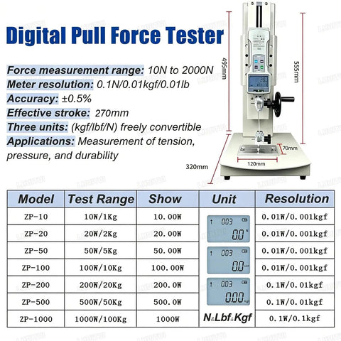 Straight Up Heavy Duty Digital Pull Force Tester And Manual Force Gauge Stand with detailed measurement specs and dimensions.