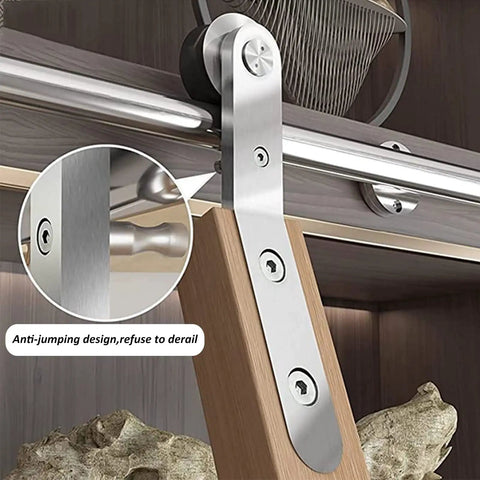 Hella Smooth Stainless Steel Sliding Barn Door Hardware Kit close-up showing slick round tube rail and roller attachment.