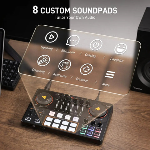 Slick Podcast Bundle for Two with E2 Gen2 Mixer featuring 8 custom soundpads for tailored audio setup.