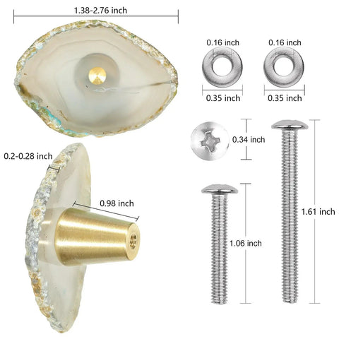 Pack Of 4 Slick Polished Agate Slice Cabinet Knobs With Solid Brass Backing And Included Screws and dimensions for installation.