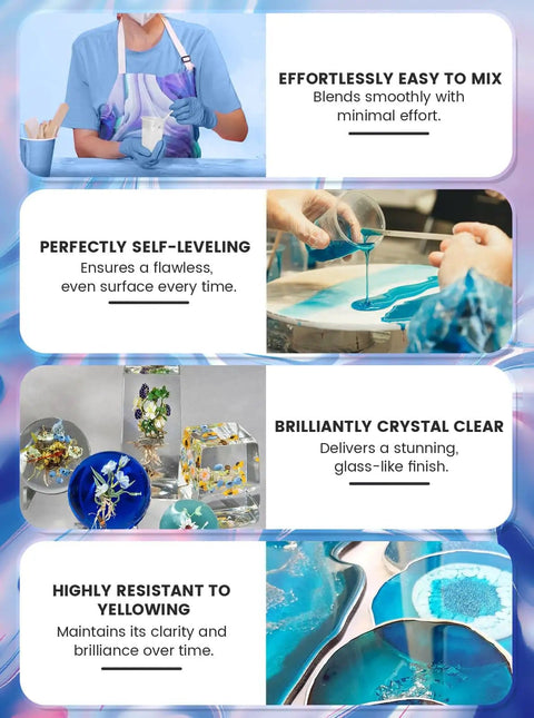 Crystal Clear Epoxy Resin Kit 64 Ounce For Art Casting And DIY Jewelry Wood Molds Self Leveling 1 To 1 Mix No Bubble Not Yellowing UV Resistant Ultra Easy Pour displayed with usage examples and features.