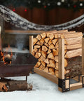 8 Pack Firewood Log Storage Rack Bracket Adjustable Beefy Heavy Duty Powder Coated Steel Holder For Fireplace Patio And Deck Rust Resistant Outdoor Wood Storage Organizer with firewood and fire.