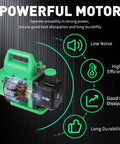 Powerful motor feature of 4.5 CFM Vacuum Pump With Brass Manifold Gauge Set, highlighting low noise, high efficiency, and durability.