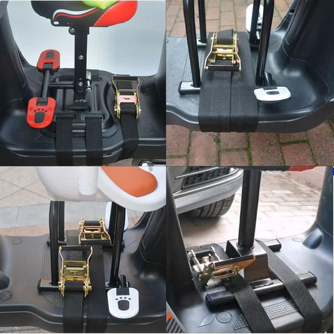 Two Pack Heavy Duty Ratchet Straps With 8000 Lbs Break Strength secured to cargo gear, showing double J hooks and buckles.