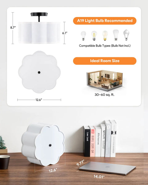 Dimensions and compatible bulbs for three light semi flush mount ceiling light fixture in black finish with white fabric drum shade.