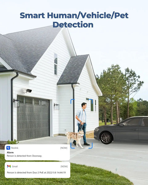 4K PoE Security Camera System With Dual Outdoor Cameras 180 Degree Panoramic View detecting person in driveway with dog