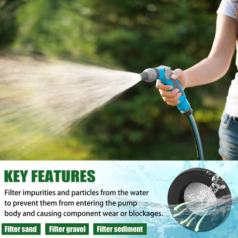 Person using a garden hose with inset showing Inlet Screen Filter With Gasket For Simpson Gas Powered Pressure Washer Pumps.