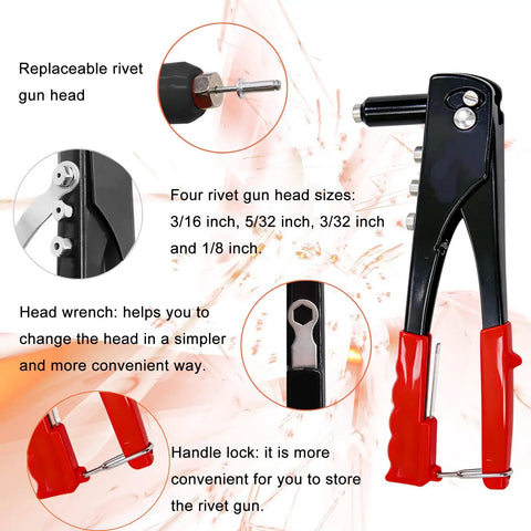 Heavy Duty Pop Rivet Gun Coupled With A Game Changing Assortment Kit, featuring replaceable heads and handle lock for convenience.