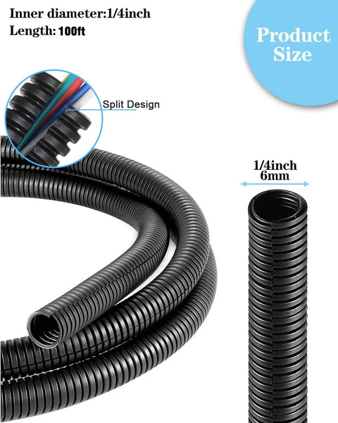 Close-up of One Quarter Inch Wire Loom Split Tubing 100 Ft Black Cord Protector showing split design and dimensions.