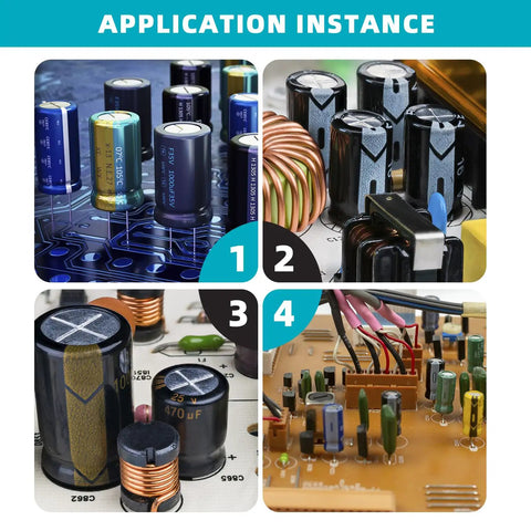 Image showing application instances of Sweet 260 Pcs Electrolytic Capacitor Assortment Kit With 26 Values Spanning 1 UF To 1000 UF Marked Cases.