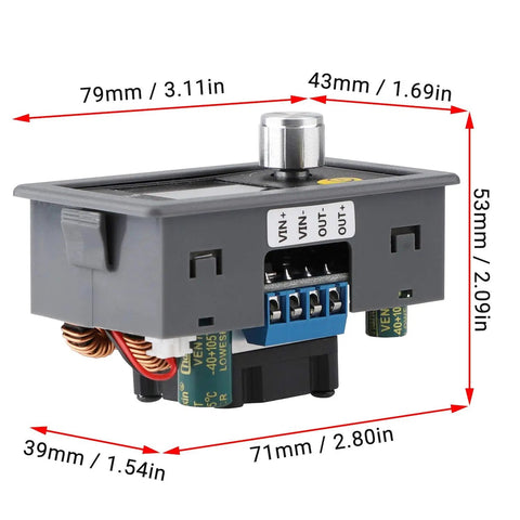 Reliable Adjustable DC Buck Boost Converter Boasting Smooth Step Up Down Switching And Zero Fuss Voltage Control for quick mods, 79x43mm.
