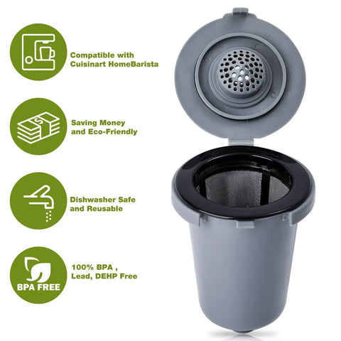 Two Pack Reusable Coffee Filter Cups For Single Serve Brewers Gray BPA Free Refillable Cup Filter shown open with features listed.