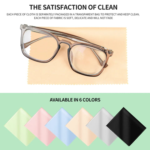 Eyeglasses microfiber cleaning cloths, 7x6 in, 18-pack, multicolor; glasses on beige cloth with color swatches.