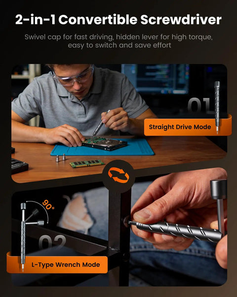2-in-1 Convertible Screwdriver in use for repairs, showcasing straight drive and L-type wrench modes, compact precision tool.