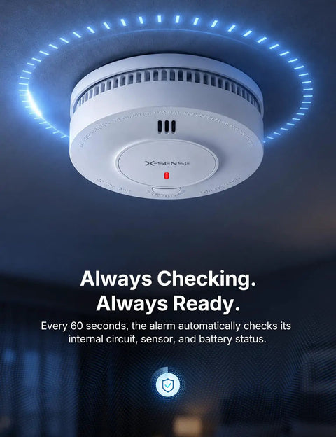 Five Pack Photoelectric Smoke Detectors With 10 Year Sealed Battery Ul Certified Real Deal Nuisance Free Sensing Solid Home Safety Gear mounted on ceiling with blue LED indicators.