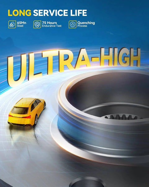 Image showing ultra-high durability wheel hub assembly with text highlighting 65Mn steel, 75-hour test, fits Buick Cadillac Chevy Pontiac.