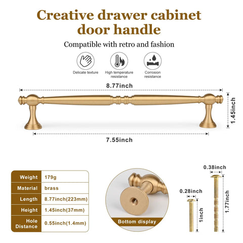 Real Deal Solid Brass Cabinet Pulls With Slick Brushed Gold Finish Rock Solid Heavy Duty Drawer Handles For Kitchen Island Swaps And Bathroom Vanity Refreshes Exactly 7 1/2 Inch Span 5 Pack Set, 8.77 inch length