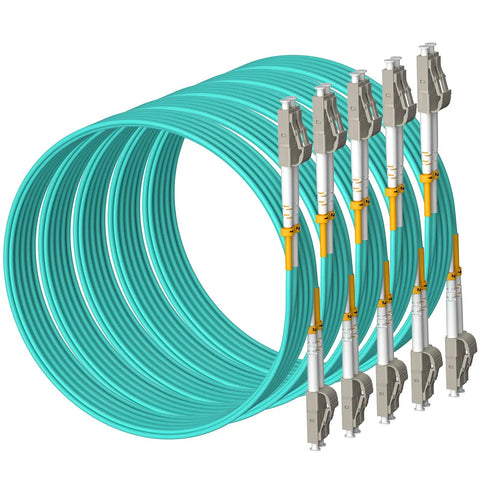 Top Shelf OM3 LC To LC Multimode Fiber Patch Cable Slick Blue Jacket Low Smoke Zero Halogen Build Smooth Network Connections For Server Racks And Data Centers ten pack bundle, showing multiple cables with connectors.