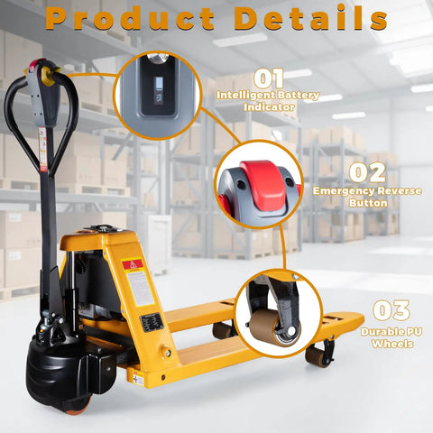 Heavy Duty Electric Pallet Jack 3300 Lbs Load Capacity With Dual Lithium Batteries For No Sweat Warehouse Material Handling And All Day Run Time On Forty Eight Inch Forks, showing battery indicator, reverse button and PU wheels.