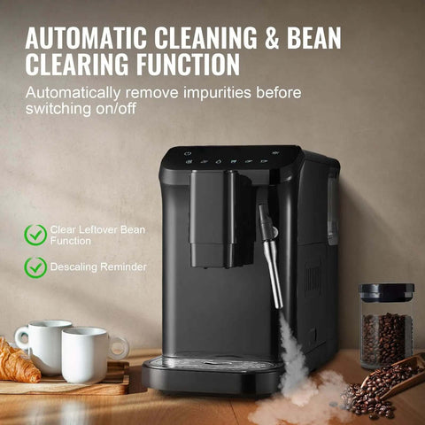 Automatic Espresso Machine With Built In Grinder, 20 Bar Pressure, Frother Steam Wand, showing side view with steam and accessories.