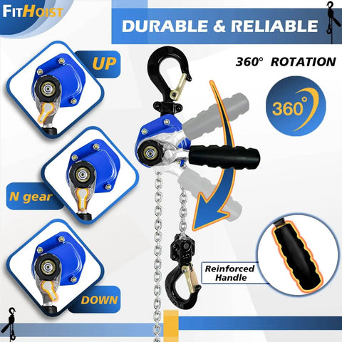 Two Pack Half Ton Chain Hoists 1100 Lb Capacity Each With 10 Ft Lift showing N gear, UP, and DOWN positions, ergonomic handle.
