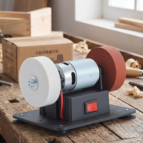 Pro Grade Dual Wheel Electric Bench Grinder with red and white wheels on a sturdy base, ideal for metal fabrication projects.