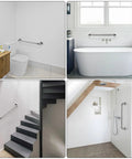 Straight Up 36 Inch Shower Grab Bar With Killer Anti Slip Knurled Grip For Bathroom Safety And Added Stability Heavy Duty Stainless Steel Support Handle mounted next to a toilet and bathtub.