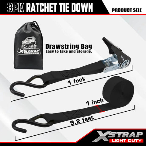 Eight Pack 1 Inch Wide By 10 Foot Ratchet Tie Down Straps showing 1-foot section, drawstring bag, S hook, easy release mechanism