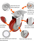 4 Inch Heavy Duty Swivel Caster Wheels Delivering Hella Smooth Motion And 360 Degree Rotation With Badass Load Handling Total 1200 Lbs Lift Capacity Set Of Four showing red wheels, steel brackets, ball bearings.
