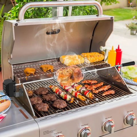 Universal Rotisserie Kit For Most 2 To 4 Burner Gas Grills With 32 To 42 Inches Five Sixteenth Inch Square Spit Rods Includes Three Rotisserie Spits And Counterbalance Designed For Easy Setup And Durable Stainless Components For Lasting Grilling in use with grilling meat, vegetables on stainless gas grill.