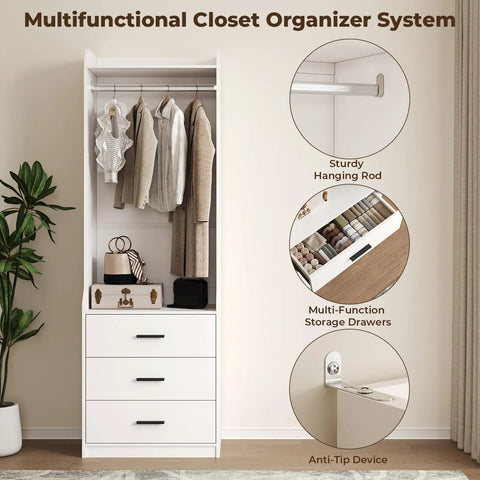 Spacious White Wardrobe Closet System With Three Deep Drawers And A Sturdy Hanging Rod To Keep Your Fits Shirts And Jeans Square While Giving Your Room A Clean Vibe And Making Daily Storage Super Easy Without Any Sweat.