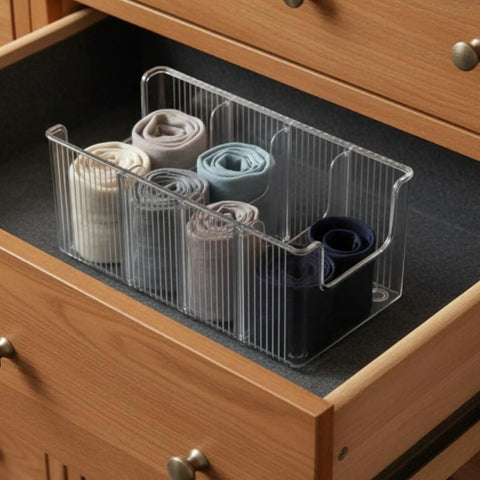 Top Shelf Crystal Clear Acrylic Belt Organizer With Removable Dividers Stackable Storage Bin for ties and watches in drawer.